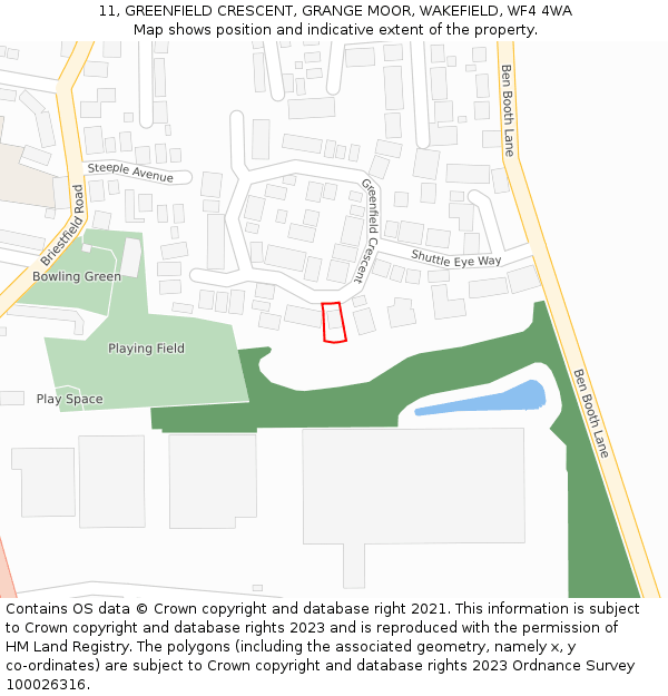 11, GREENFIELD CRESCENT, GRANGE MOOR, WAKEFIELD, WF4 4WA: Location map and indicative extent of plot