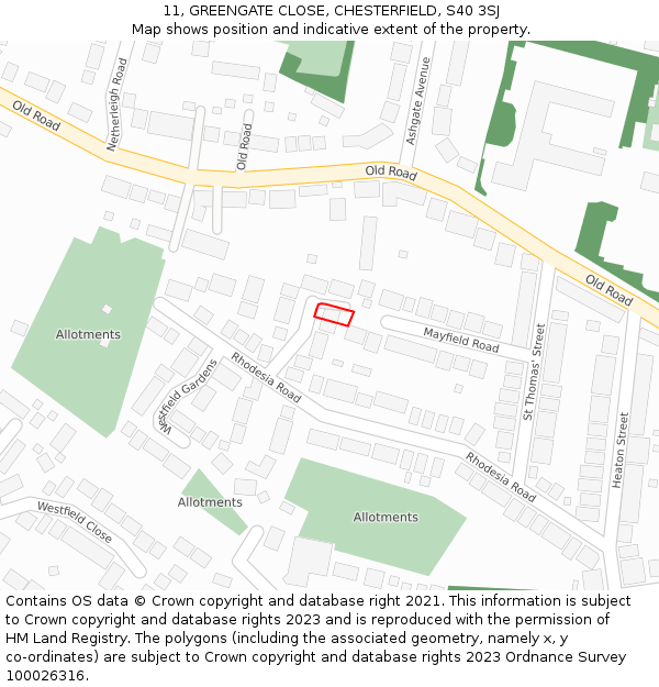 11, GREENGATE CLOSE, CHESTERFIELD, S40 3SJ: Location map and indicative extent of plot