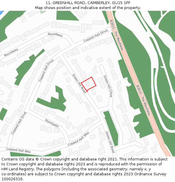 11, GREENHILL ROAD, CAMBERLEY, GU15 1PF: Location map and indicative extent of plot