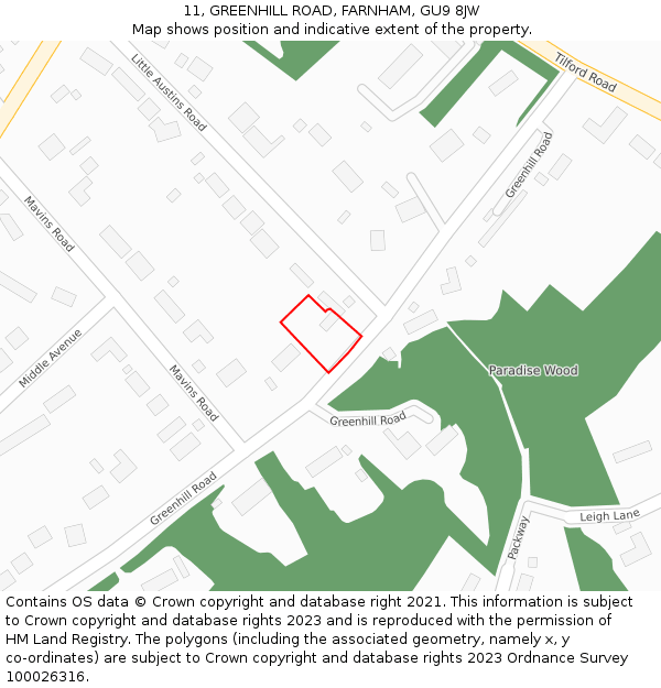 11, GREENHILL ROAD, FARNHAM, GU9 8JW: Location map and indicative extent of plot