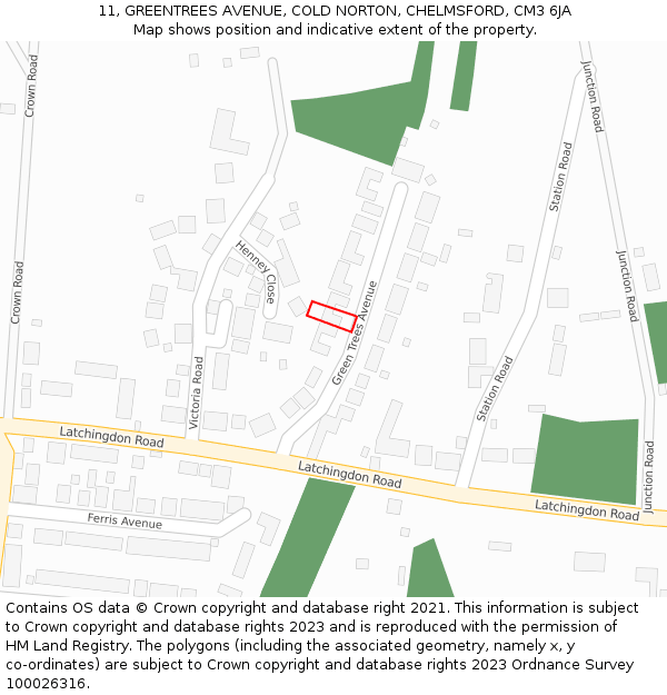 11, GREENTREES AVENUE, COLD NORTON, CHELMSFORD, CM3 6JA: Location map and indicative extent of plot