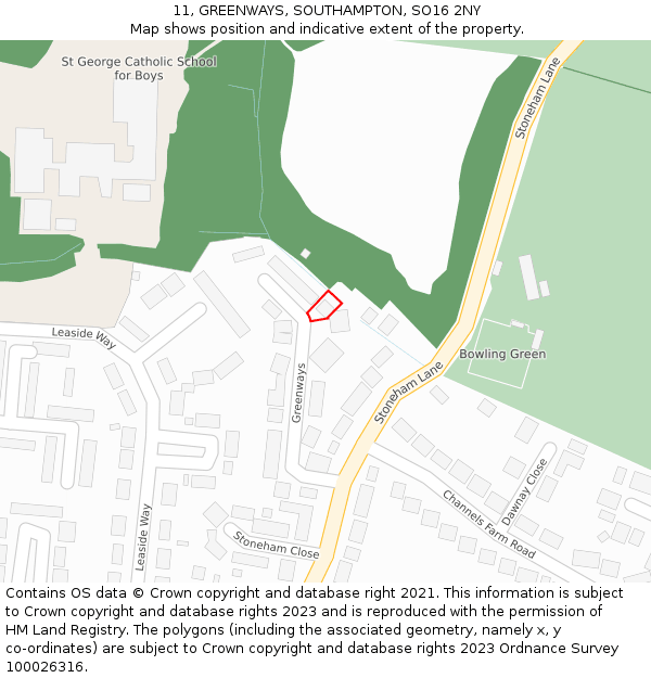 11, GREENWAYS, SOUTHAMPTON, SO16 2NY: Location map and indicative extent of plot