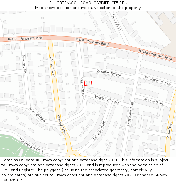 11, GREENWICH ROAD, CARDIFF, CF5 1EU: Location map and indicative extent of plot