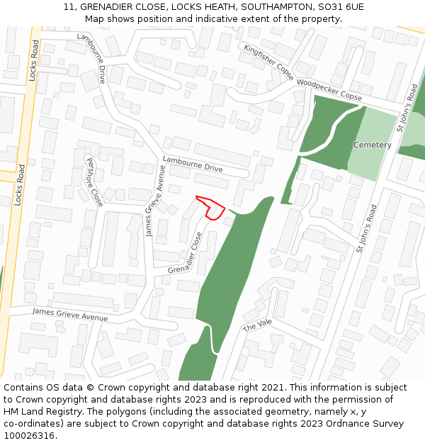 11, GRENADIER CLOSE, LOCKS HEATH, SOUTHAMPTON, SO31 6UE: Location map and indicative extent of plot