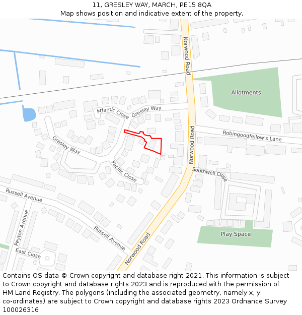 11, GRESLEY WAY, MARCH, PE15 8QA: Location map and indicative extent of plot