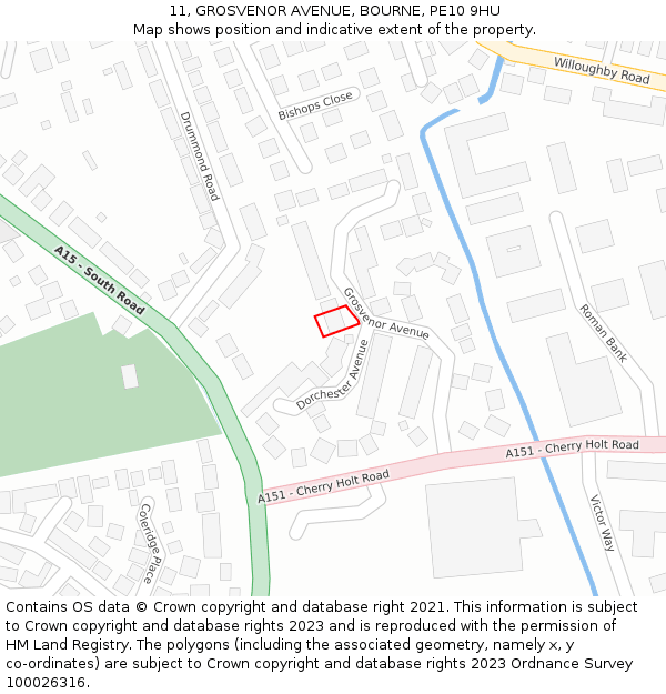 11, GROSVENOR AVENUE, BOURNE, PE10 9HU: Location map and indicative extent of plot