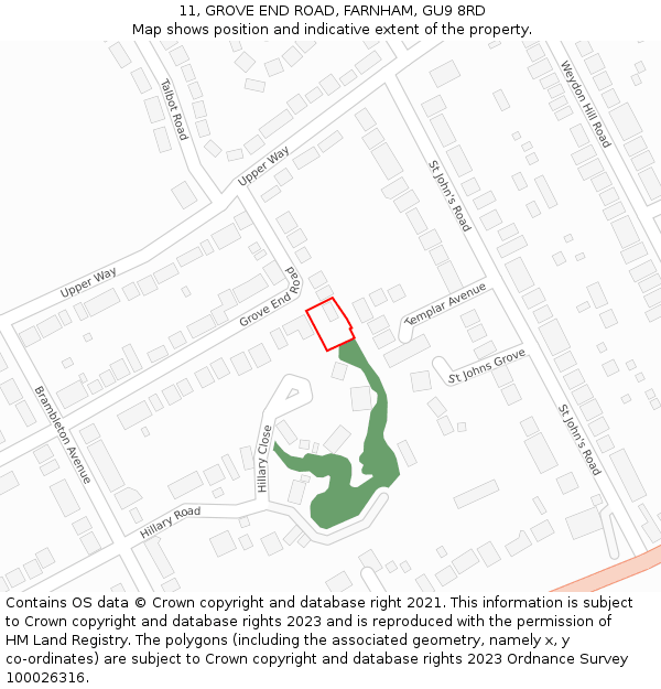 11, GROVE END ROAD, FARNHAM, GU9 8RD: Location map and indicative extent of plot