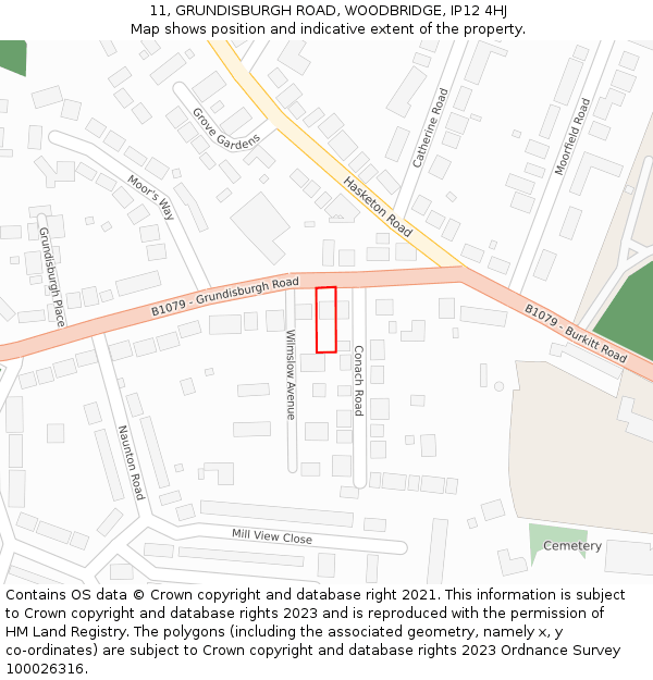 11, GRUNDISBURGH ROAD, WOODBRIDGE, IP12 4HJ: Location map and indicative extent of plot