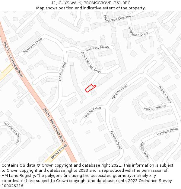 11, GUYS WALK, BROMSGROVE, B61 0BG: Location map and indicative extent of plot