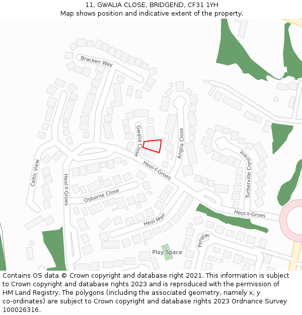 11, GWALIA CLOSE, BRIDGEND, CF31 1YH: Location map and indicative extent of plot