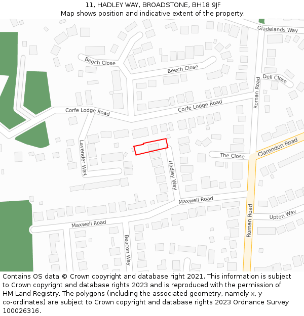 11, HADLEY WAY, BROADSTONE, BH18 9JF: Location map and indicative extent of plot