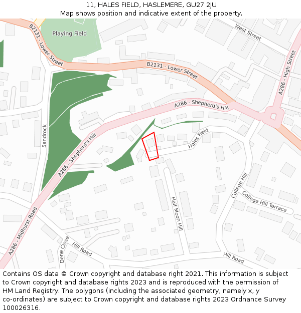 11, HALES FIELD, HASLEMERE, GU27 2JU: Location map and indicative extent of plot