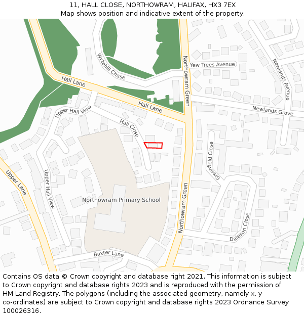 11, HALL CLOSE, NORTHOWRAM, HALIFAX, HX3 7EX: Location map and indicative extent of plot