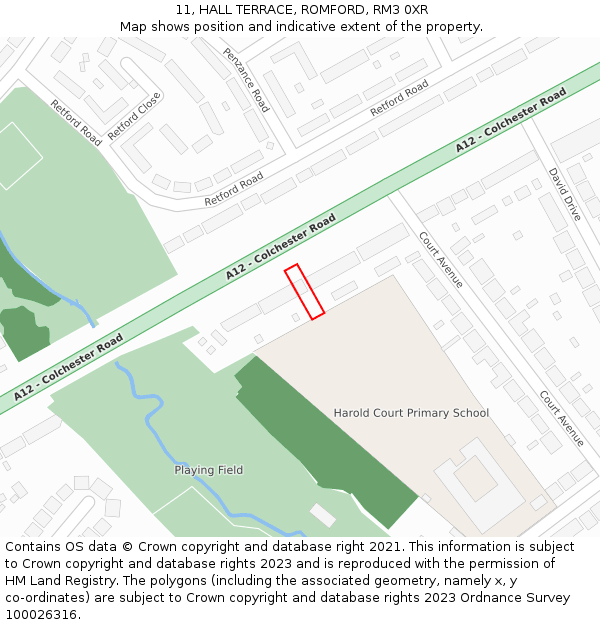 11, HALL TERRACE, ROMFORD, RM3 0XR: Location map and indicative extent of plot