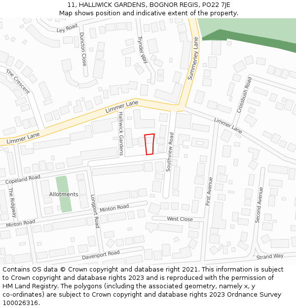 11, HALLIWICK GARDENS, BOGNOR REGIS, PO22 7JE: Location map and indicative extent of plot