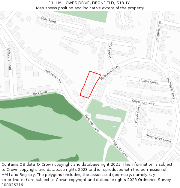11, HALLOWES DRIVE, DRONFIELD, S18 1YH: Location map and indicative extent of plot
