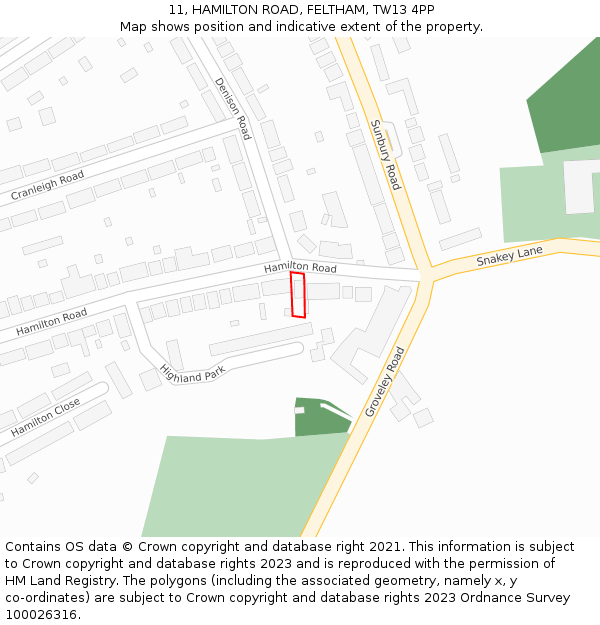 11, HAMILTON ROAD, FELTHAM, TW13 4PP: Location map and indicative extent of plot