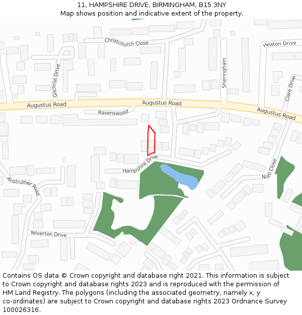 11, HAMPSHIRE DRIVE, BIRMINGHAM, B15 3NY: Location map and indicative extent of plot