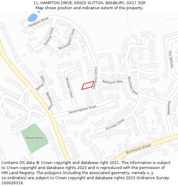 11, HAMPTON DRIVE, KINGS SUTTON, BANBURY, OX17 3QR: Location map and indicative extent of plot