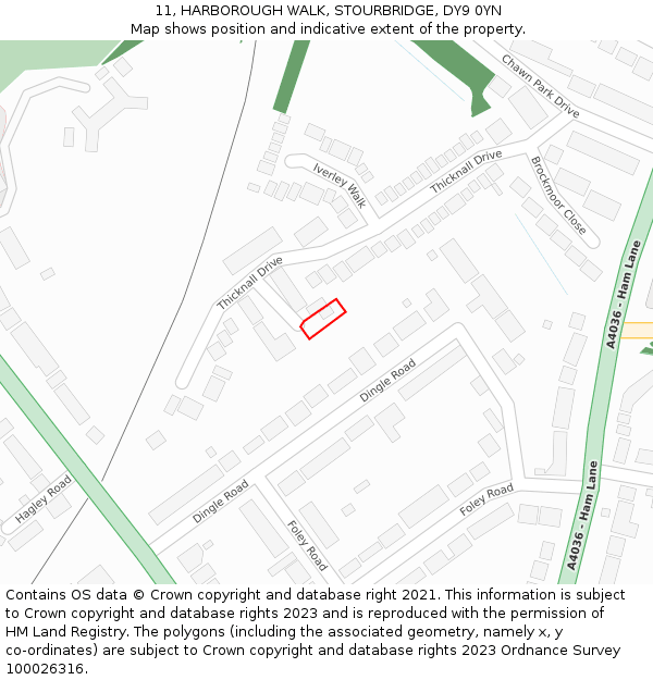 11, HARBOROUGH WALK, STOURBRIDGE, DY9 0YN: Location map and indicative extent of plot