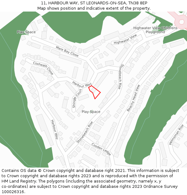 11, HARBOUR WAY, ST LEONARDS-ON-SEA, TN38 8EP: Location map and indicative extent of plot