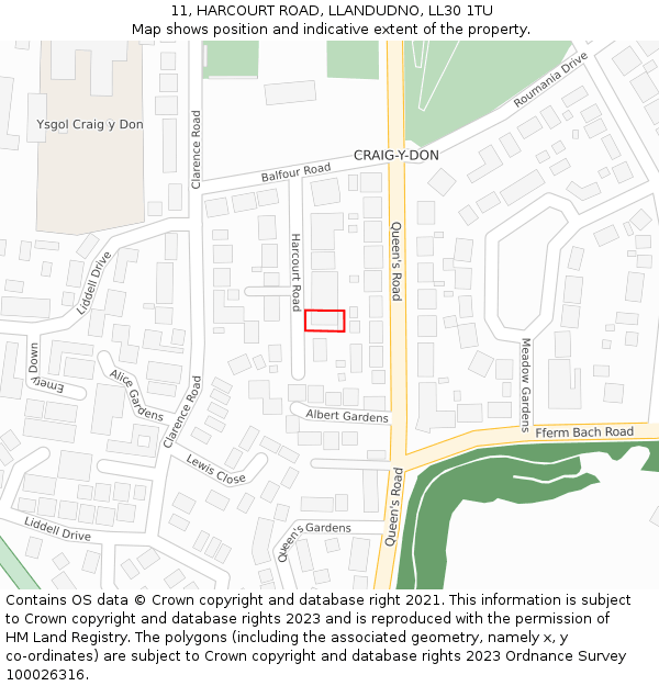 11, HARCOURT ROAD, LLANDUDNO, LL30 1TU: Location map and indicative extent of plot