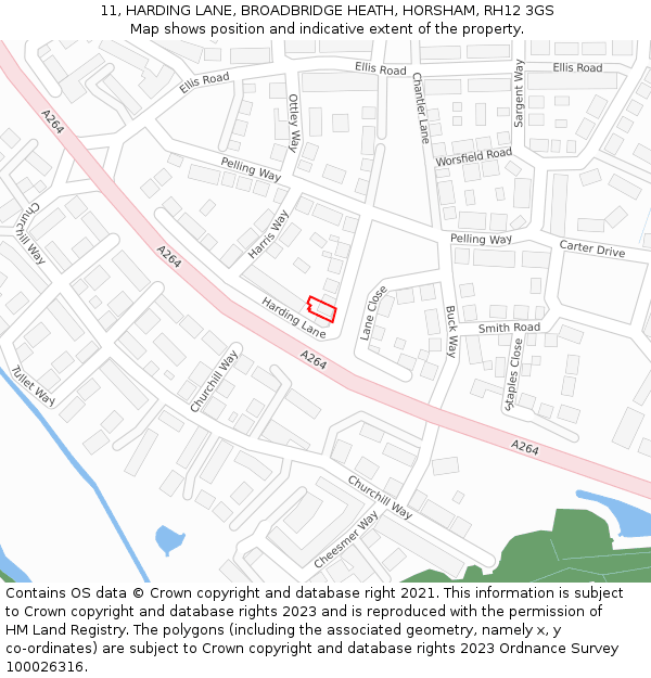 11, HARDING LANE, BROADBRIDGE HEATH, HORSHAM, RH12 3GS: Location map and indicative extent of plot