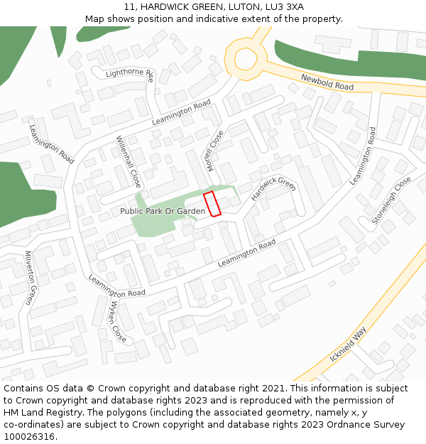 11, HARDWICK GREEN, LUTON, LU3 3XA: Location map and indicative extent of plot