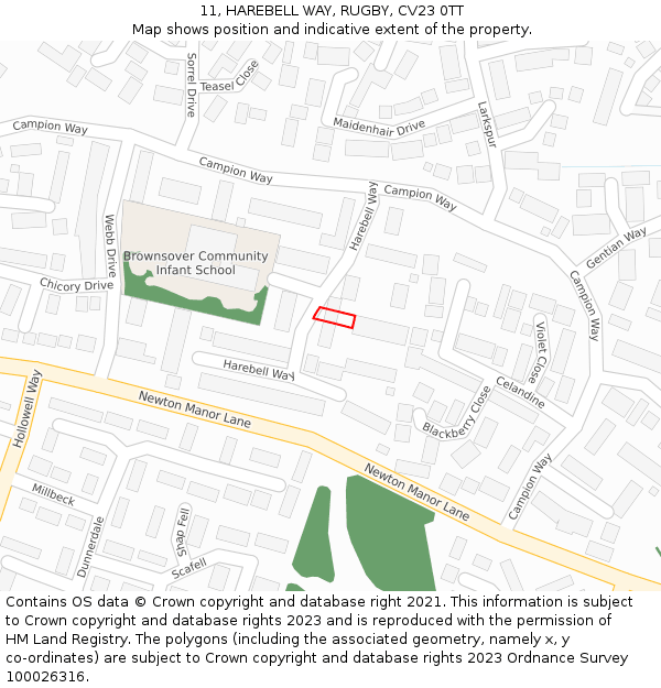 11, HAREBELL WAY, RUGBY, CV23 0TT: Location map and indicative extent of plot