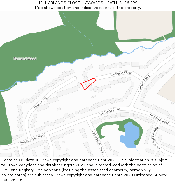 11, HARLANDS CLOSE, HAYWARDS HEATH, RH16 1PS: Location map and indicative extent of plot