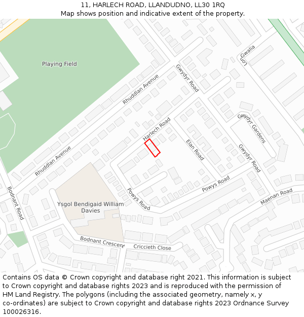 11, HARLECH ROAD, LLANDUDNO, LL30 1RQ: Location map and indicative extent of plot