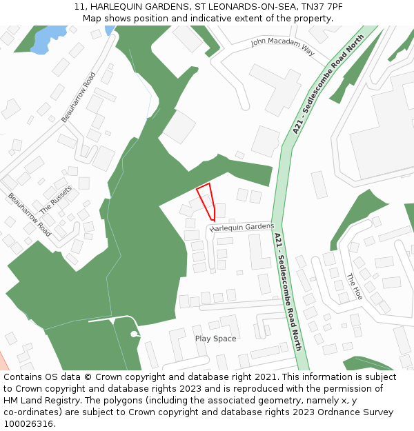 11, HARLEQUIN GARDENS, ST LEONARDS-ON-SEA, TN37 7PF: Location map and indicative extent of plot