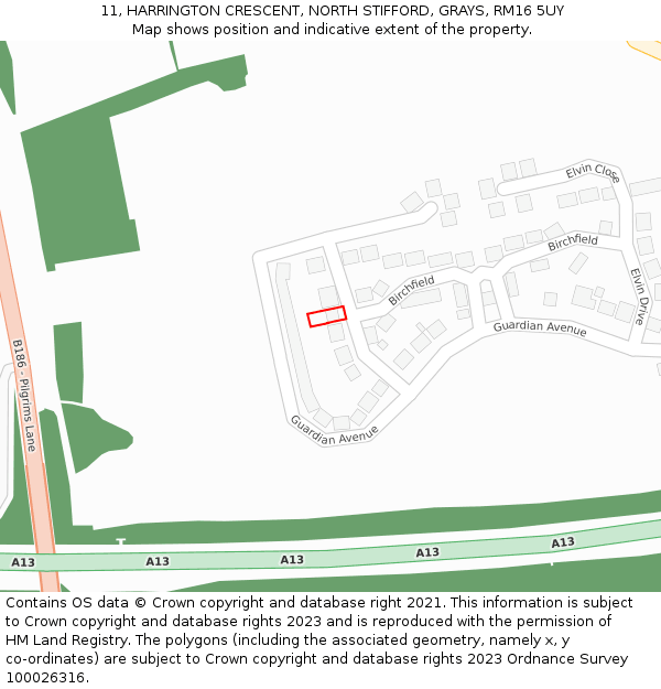 11, HARRINGTON CRESCENT, NORTH STIFFORD, GRAYS, RM16 5UY: Location map and indicative extent of plot