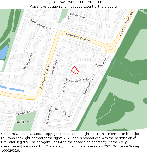 11, HARROW ROAD, FLEET, GU51 1JD: Location map and indicative extent of plot