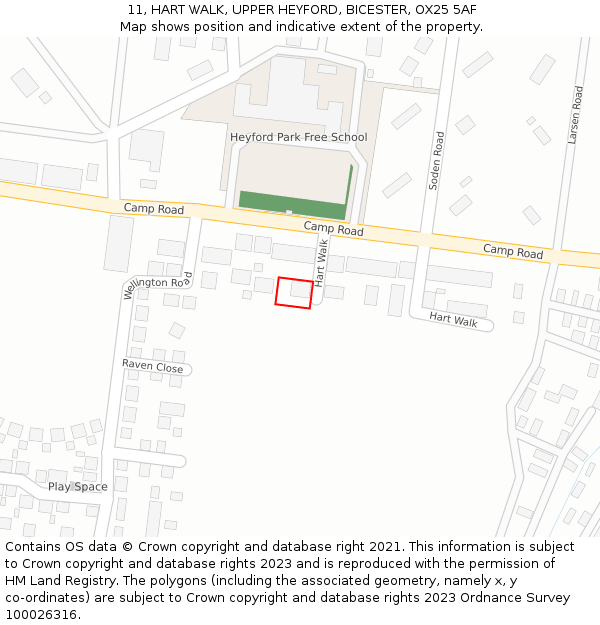 11, HART WALK, UPPER HEYFORD, BICESTER, OX25 5AF: Location map and indicative extent of plot