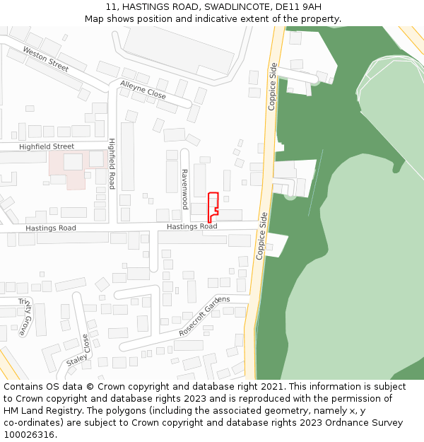 11, HASTINGS ROAD, SWADLINCOTE, DE11 9AH: Location map and indicative extent of plot