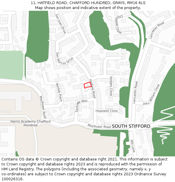 11, HATFIELD ROAD, CHAFFORD HUNDRED, GRAYS, RM16 6LS: Location map and indicative extent of plot