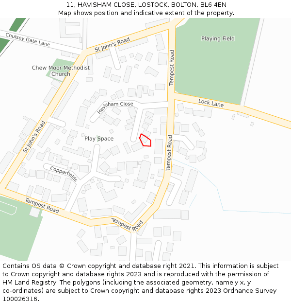 11, HAVISHAM CLOSE, LOSTOCK, BOLTON, BL6 4EN: Location map and indicative extent of plot