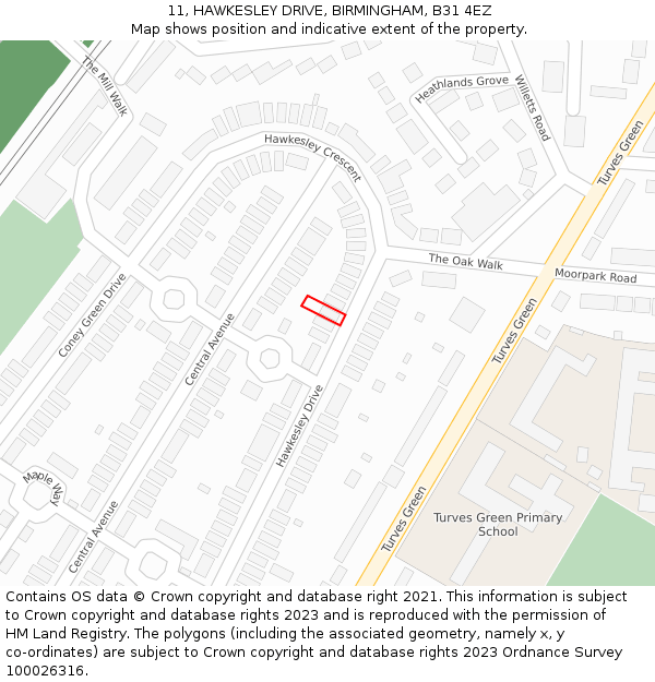 11, HAWKESLEY DRIVE, BIRMINGHAM, B31 4EZ: Location map and indicative extent of plot