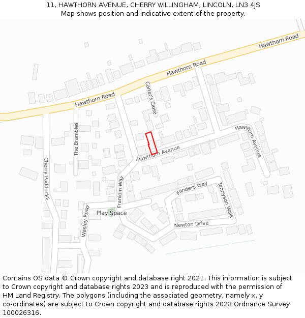 11, HAWTHORN AVENUE, CHERRY WILLINGHAM, LINCOLN, LN3 4JS: Location map and indicative extent of plot