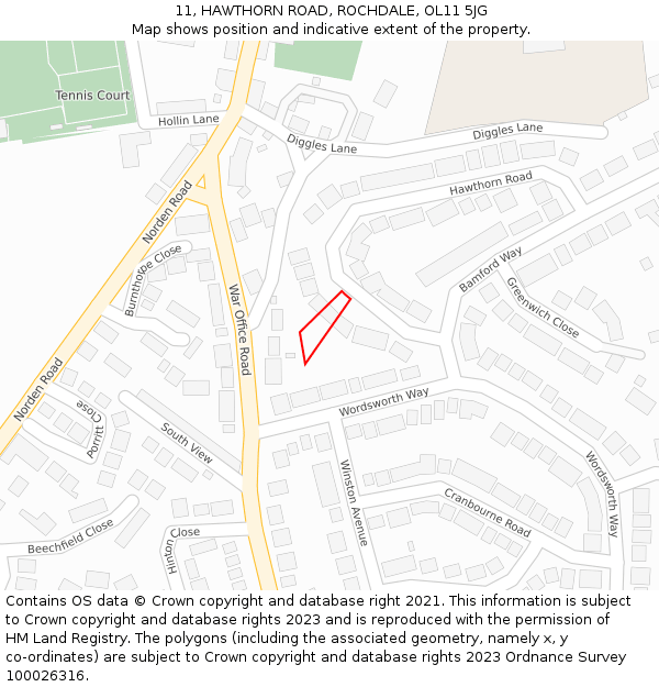 11, HAWTHORN ROAD, ROCHDALE, OL11 5JG: Location map and indicative extent of plot