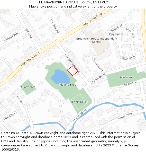 11, HAWTHORNE AVENUE, LOUTH, LN11 0LD: Location map and indicative extent of plot