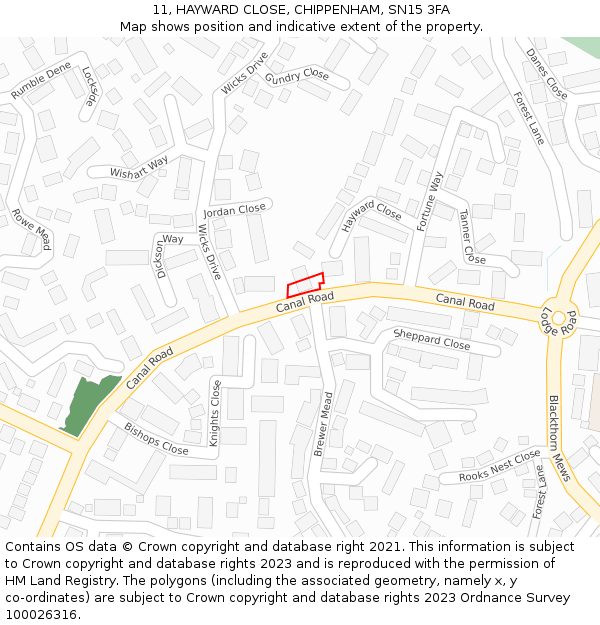 11, HAYWARD CLOSE, CHIPPENHAM, SN15 3FA: Location map and indicative extent of plot