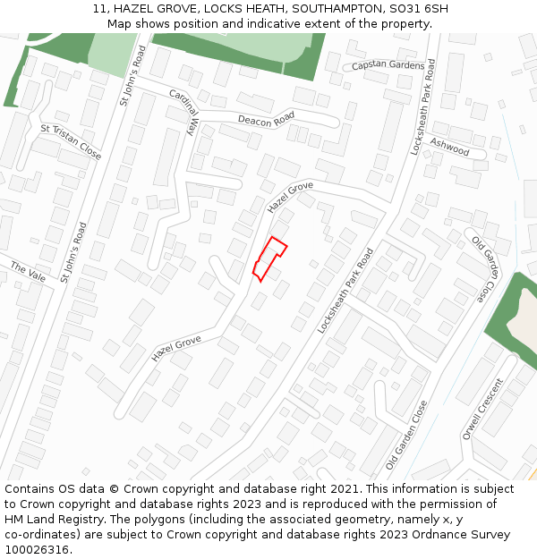 11, HAZEL GROVE, LOCKS HEATH, SOUTHAMPTON, SO31 6SH: Location map and indicative extent of plot