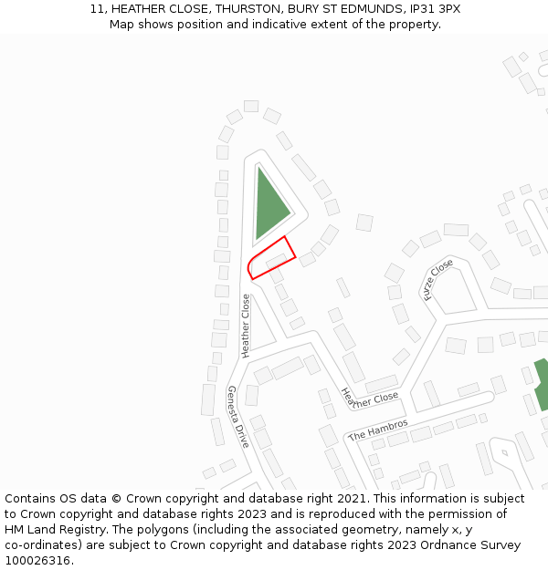 11, HEATHER CLOSE, THURSTON, BURY ST EDMUNDS, IP31 3PX: Location map and indicative extent of plot