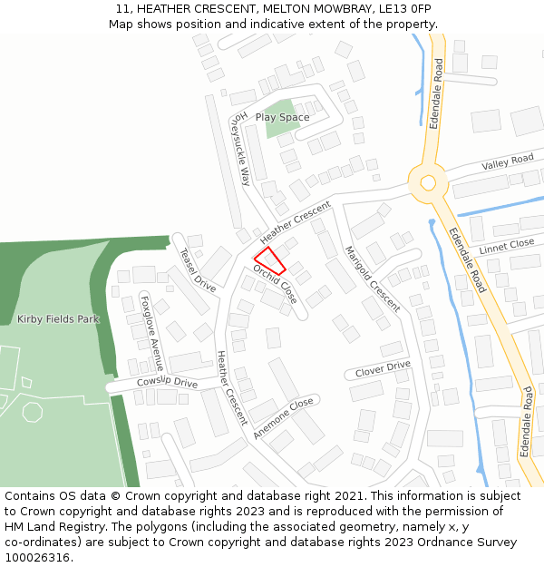 11, HEATHER CRESCENT, MELTON MOWBRAY, LE13 0FP: Location map and indicative extent of plot