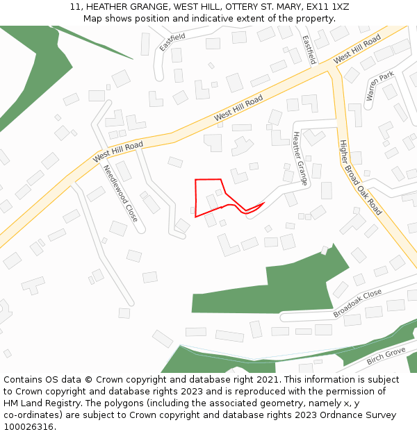 11, HEATHER GRANGE, WEST HILL, OTTERY ST. MARY, EX11 1XZ: Location map and indicative extent of plot