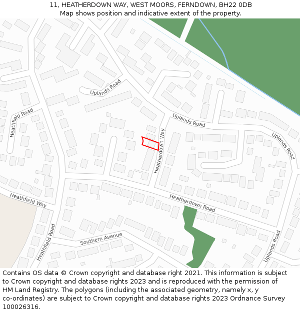 11, HEATHERDOWN WAY, WEST MOORS, FERNDOWN, BH22 0DB: Location map and indicative extent of plot