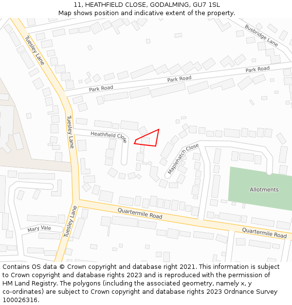 11, HEATHFIELD CLOSE, GODALMING, GU7 1SL: Location map and indicative extent of plot