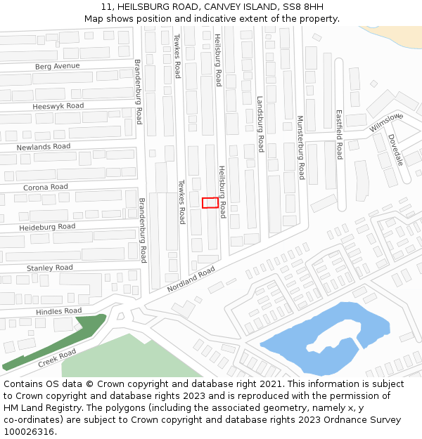 11, HEILSBURG ROAD, CANVEY ISLAND, SS8 8HH: Location map and indicative extent of plot